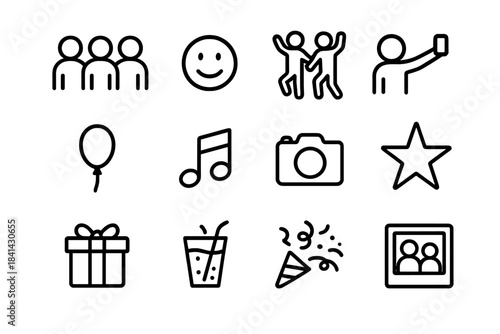 Group Fun Icons. Group fun. Line outline icon set of group fun: friends, smile, dance, selfie, balloon, music