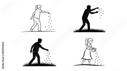Set of four illustrations depicting people sowing seeds by hand in a field or garden