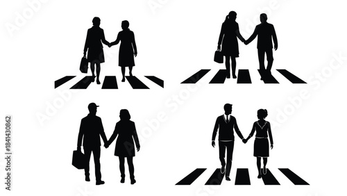 Four silhouettes of couples holding hands walking across a pedestrian crosswalk