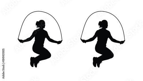Two silhouettes of a woman jumping rope in midair