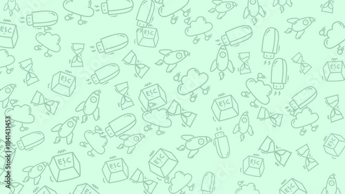 Clouds, rockets, usb drives, esc keys, and hourglasses outlines for techthemed designs. Perfect for website backgrounds or digital presentations.
