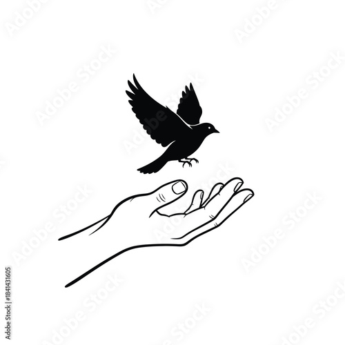 Bird taking flight from open hands silhouette