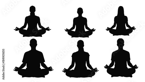 Six silhouettes of people meditating in lotus position for yoga and spiritual practice
