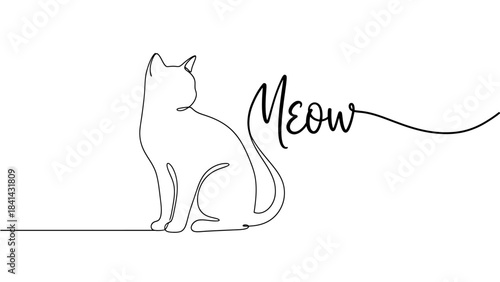 Charming continuous line art drawing of a sitting feline with the delightful 'Meow' text integrated into the flowing design, perfect for animal and pet concepts