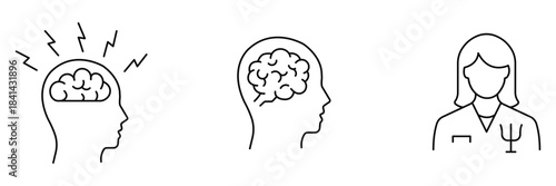 Psychology therapy icon set, stressed brain lightning, cognitive mind profile, female psychologist character outline medical counseling vector illustration.