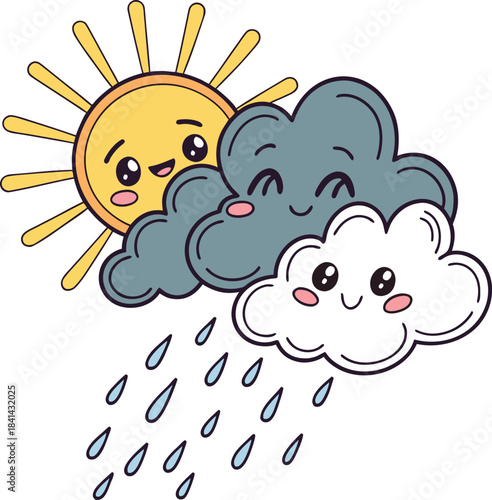 Cute cartoon sun and clouds with rain on black background