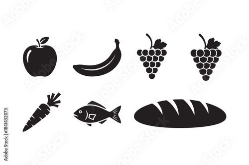 Collection of simple black silhouettes of common food items