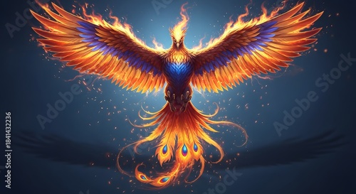 Majestic fiery phoenix rising from ashes with glowing wings