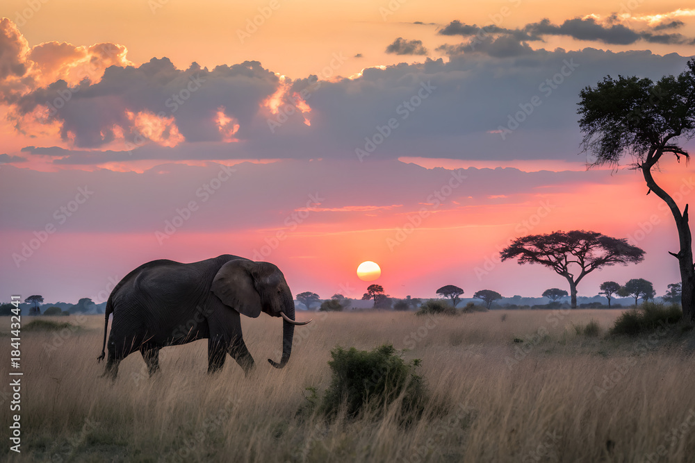 Fototapeta premium elephants at sunset