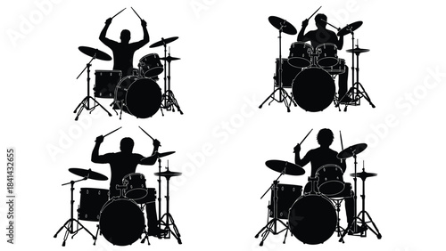 Set of four drummer silhouettes playing drum kit in different poses