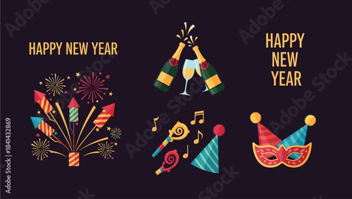 Happy New Year Celebration Cards and Party Elements Set
