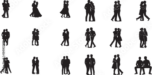 Silhouette interaction icon set, human connection poses, minimalist figures, relationship symbols, emotional stances, social dynamics, black couple illustrations