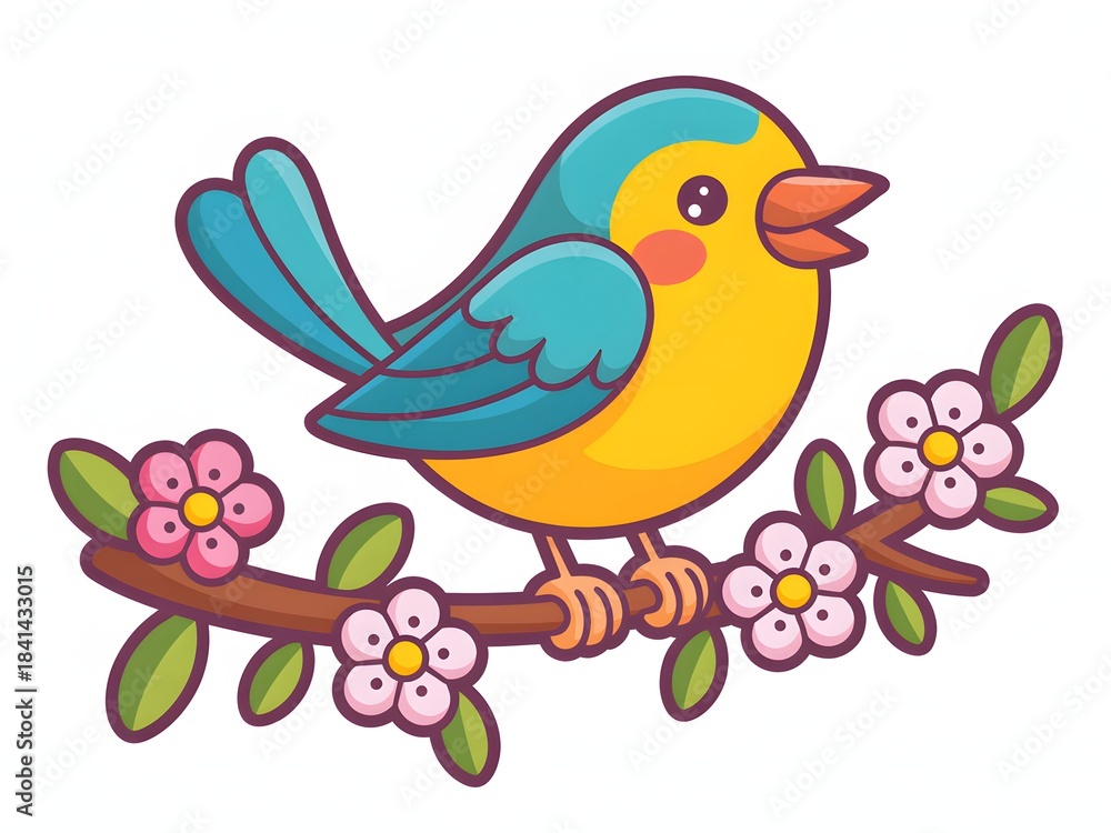 Fototapeta premium Cute cartoon bird perched on a blooming branch