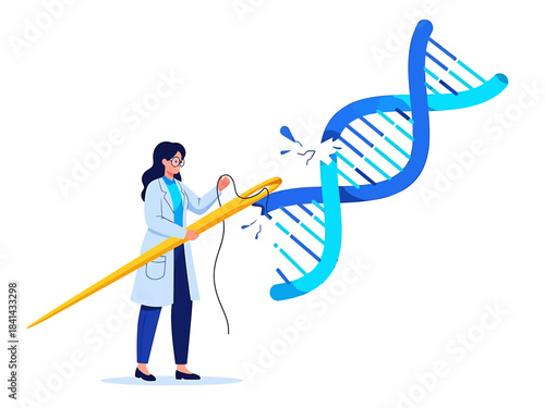Scientist uses needle to mend broken DNA strand. Conceptual illustration of gene editing, genetic repair, and scientific biotechnology innovation.