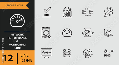 Network performance and monitoring outline icons isolated on white background
