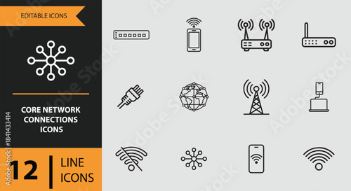 12 core network connections outline icons set isolated on white background