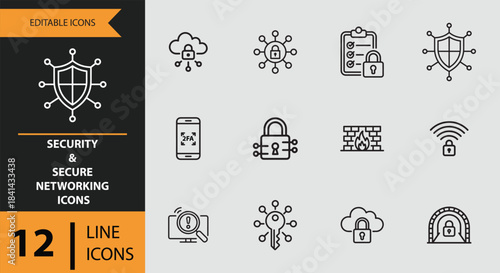 12 security and secure networking icons outline icon set isolated on white background