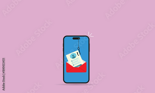 Phishing attack.Hooked login form pulled from an open envelope by a fishhook, symbolizing hacker credential theft and deceptive phishing email.
