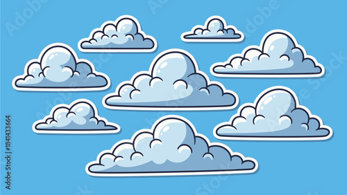 Set of Fluffy Cartoon Clouds on Sunny Blue Sky