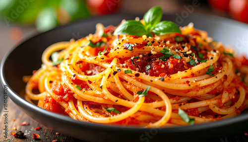 spicy arrabiata pasta with chili flakes, bright red sauce, bold flavor look, appetizing close-up
