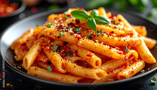 spicy arrabiata pasta with chili flakes, bright red sauce, bold flavor look, appetizing close-up