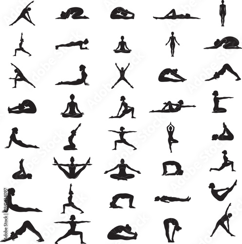 A grid illustration featuring various yoga poses silhouettes for exercise and fitness on a white background