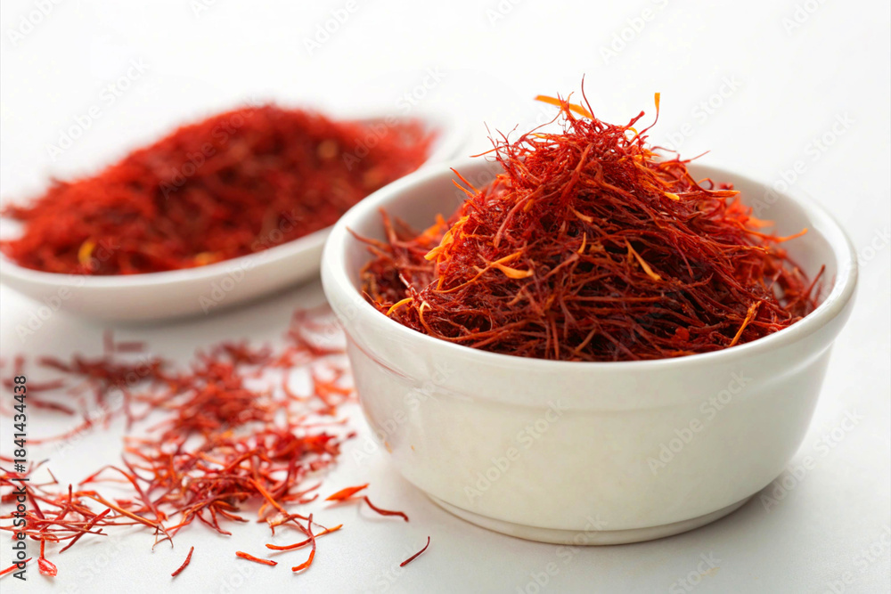 Fototapeta premium A white bowl overflowing with vibrant red saffron threads, with more scattered on a plate and surface against a white background.