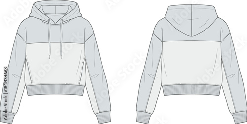 Color-block hooded sweatshirt sketch, front and back view, fashion design template, garment mockup, apparel illustration, flat vector illustration