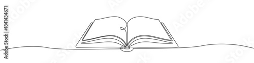 Continuous one line drawing of a wide, open book lying flat. Editable black stroke on a white background. Vector illustration.