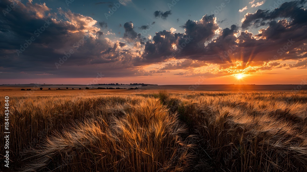 Obraz premium Expansive agricultural landscape shows a ripe wheat field stretching to the horizon under a dramatic sunset with piercing sun rays.