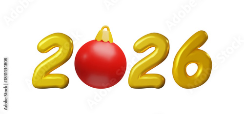 Golden 3D numbers forming 2026 with a glossy red Christmas ornament replacing the zero. New Year design perfect for holiday banners, greeting cards, social media posts, and seasonal promotions.