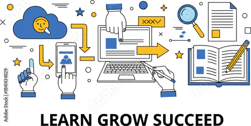 Learn grow succeed concept, digital education tools, personal development icons, creative learning journey, success mindset, flat vector illustration