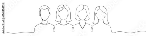 Group of people man and women bust in one line art style. Drawing with editable black stroke on white background. Vector illustration.