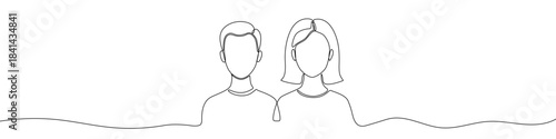 Couple man and woman together bust in one line art style. Drawing with editable black stroke on white background. Vector illustration.