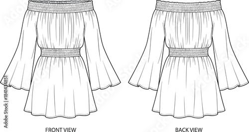 Off-the-shoulder top, flared sleeves, cinched waist, elastic neckline, technical fashion sketch, garment construction details, flat vector illustration