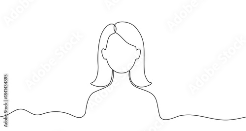 Woman portrait or avatar bust in one line art style. Woman drawing with editable black stroke on white background. Vector illustration.