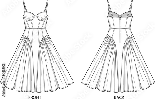 Structured cup dress, fitted bodice, pleated skirt, thin straps, technical fashion sketch, garment construction details, flat vector illustration