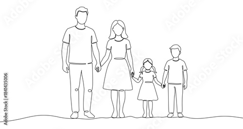 Family parents and two children holding hands in one line art style. Family drawing with editable black stroke on white background. Vector illustration.
