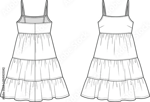 Tiered sleeveless dress, square neckline, fitted bodice, flared silhouette, technical fashion sketch, garment construction details, flat vector illustration
