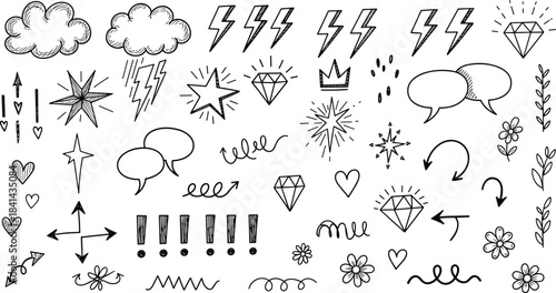 Whimsical doodle elements, sketch-style icons, decorative symbols for journaling and design, creative hand-drawn set, flat vector illustration