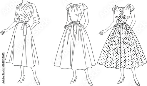 Vintage dresses, fashion illustration, wrap style, bow detail, polka dots, retro design, elegance, femininity, sketch, flat vector illustration