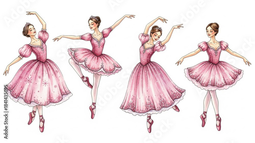 Classic Christmas Pink Ballerina Dancers Set, Watercolor Ballet Girls in Elegant Pink Costumes, Cute Ballet Illustration Collection
