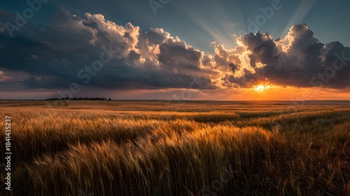 Expansive agricultural landscape shows a ripe wheat field stretching to the horizon under a dramatic sunset with piercing sun rays.