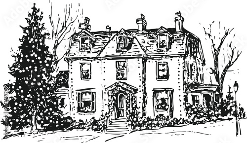 Black and White Ink Drawing of a Large House Decorated with Christmas Lights. Hand-drawn Holiday Mansion Facade Sketch.