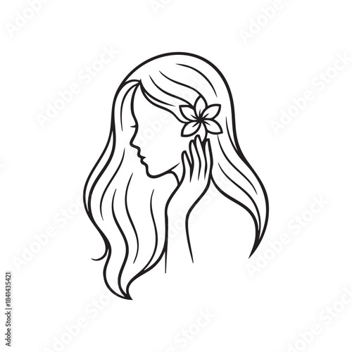 Outline illustration image of a woman with a flower on her ear and hand near her cheek