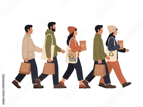 Diverse Group of Eco-Conscious Individuals Walking with Reusable Shopping Bags, Promoting Sustainable Living and Responsible Consumption Habits