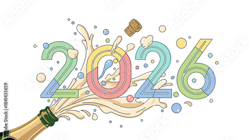 Colorful illustration of champagne bottle spraying corks and confetti to celebrate Happy New Year 2026 with vibrant, festive decorations.