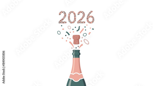 Illustration of a champagne bottle popping with colorful confetti and the text '2026' above it, celebrating Happy New Year 2026 in a festive and joyful mood with a minimalist flat design.