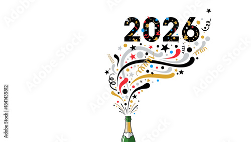 Illustration of a champagne bottle with colorful confetti and swirling patterns celebrating Happy New Year 2026 on a white background with festive mood and vibrant colors.