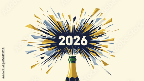Graphic illustration of a champagne bottle with colorful fireworks exploding in the background to celebrate Happy New Year 2026 on a light background.